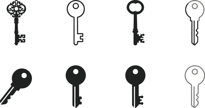 Antique skeleton keys and contemporary car key symbols black outline illustrations set for safety privacy real estate and password solutions graphic