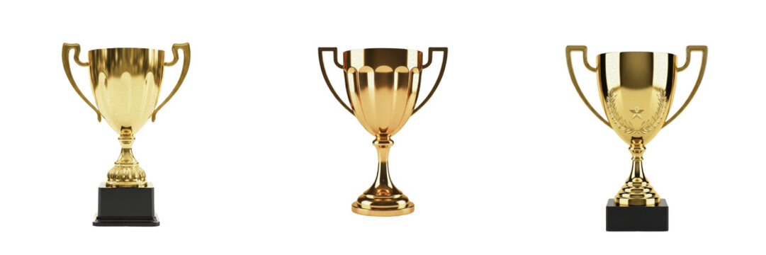 Gold Trophy Cups Collection: Shiny Winner Trophies Isolated on White Background. High-Quality Transparent PNG Set for Sports Achievement, Business Success, Awards Ceremony, Victory, and Competition De