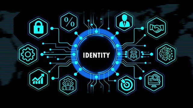  identity concept with global financial and business growth elements, Internet, technology infrastructure concept. world map background on 4k animation video.