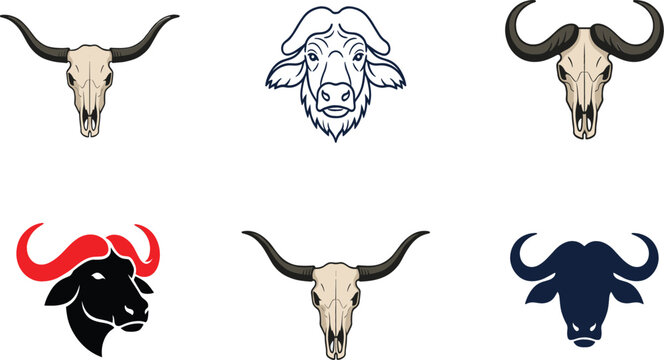 Collection of bull skull and buffalo head vector icons isolated on white background wild west animal silhouettes graphic design elements for mascot logos