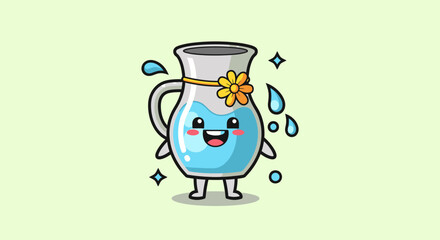 Fototapeta premium Cheerful Cartoon Water Jug Character With Flower.