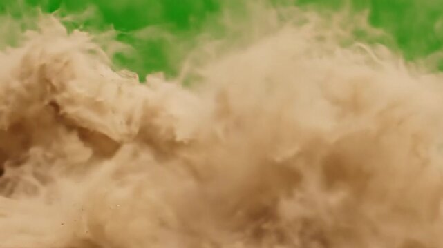 Thick beige sand storm dust cloud exploding over a green screen