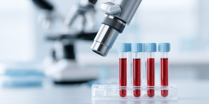 Clinical virology workstation with hantavirus testing equipment, blood sample tubes, microscope, clean sterile laboratory setup, stock photography aesthetic