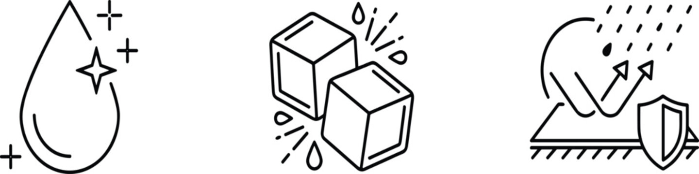 Water, drop, pure, ice, cubes, freezing, waterproof, repellent, shield, surface, protection, outline, line, art, icon, set, graphic, flat, vector, illustration