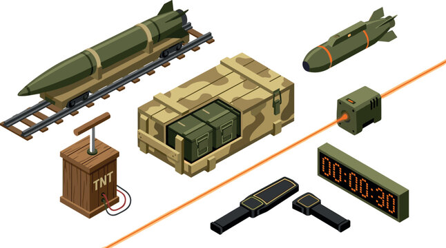 Isometric Military Missile and Ordnance Vector Set with Railway Torpedo Camouflage Supply Crates TNT Detonator Digital Timer and Laser Sensor