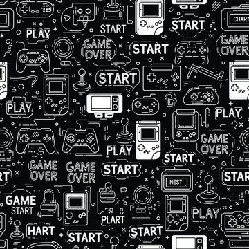 Seamless gaming pattern with retro video game icons, start buttons, consoles and play text on black background