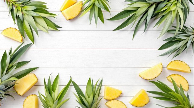 Fresh pineapple slices and green leaves arranged as a border on white wooden background, summer food concept for menu or recipe cards