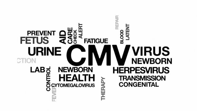 Cytomegalovirus CMV concept Animated Tag Word Cloud kinetic typography, Text Design Animation typography seamless loop video motion graphics Intro Wordart arrangement black type on white background