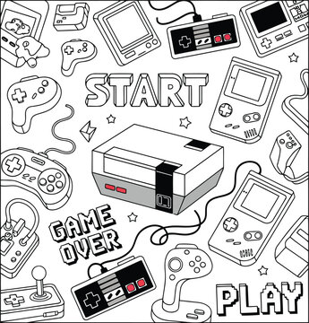 Retro Video Game Doodle Background with Console, Controllers and Play Text