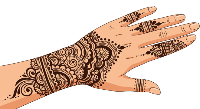 Beautiful and intricate henna tattoo design covers the back of a hand and fingers with traditional patterns and swirls.