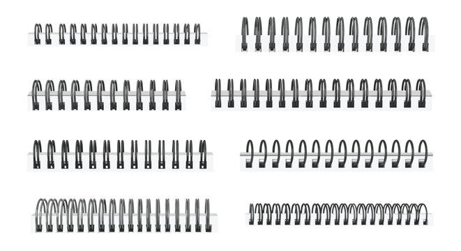 Collection of different black spiral wire bindings for notebooks and reports shown in various styles and densities.
