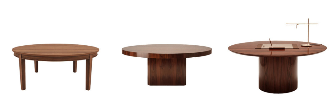 Round Wooden Table Collection: Modern and Classic Dining or Coffee Tables Isolated on White Background. High-Quality Transparent PNG Set for Interior Design, Furniture Marketing, Home Decor, and Offic