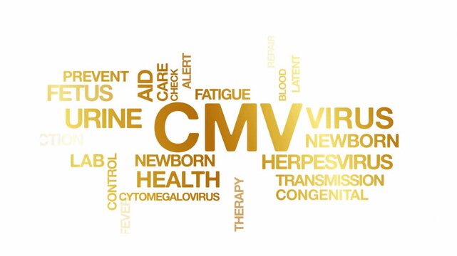 Cytomegalovirus CMV  concept Animated Tag Word Cloud kinetic typography, Text Design Animation typography seamless loop video motion graphics Intro Wordart arrangement golden type on white background 
