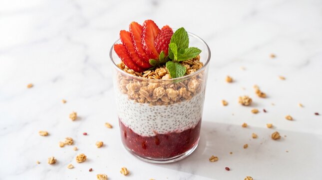 Chia seed pudding with strawberry jam and granola isolated on white background