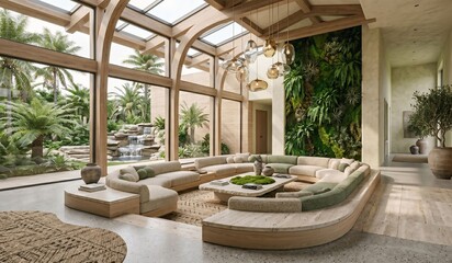 Fototapeta premium Expansive Sun-Drenched Biophilic Living Atrium with Monumental Travertine and Bouclé Seating and Waterfall Wall, Unoccupied