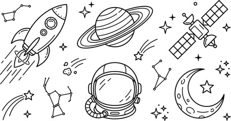 Outer space exploration line art vector elements set featuring rocket spaceship astronaut helmet ringed planet satellite and moon © MD