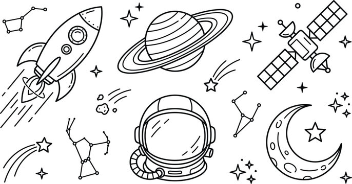 Outer space exploration line art vector elements set featuring rocket spaceship astronaut helmet ringed planet satellite and moon