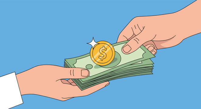 Illustration of two hands exchanging a stack of dollar banknotes and a golden coin over a bright blue background.