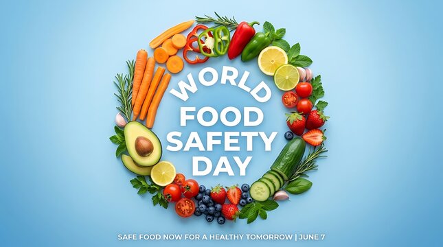 Colorful fresh vegetables and fruits arranged in a circle for world food safety day celebration concept