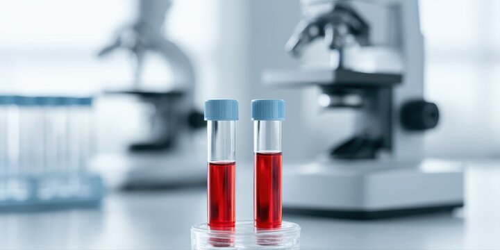 Clinical virology workstation with hantavirus testing equipment, blood sample tubes, microscope, clean sterile laboratory setup, stock photography aesthetic