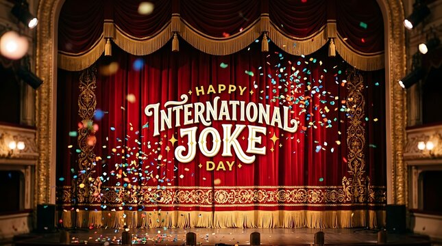 Colorful stage with happy international joke day sign and confetti celebration on theater backdrop