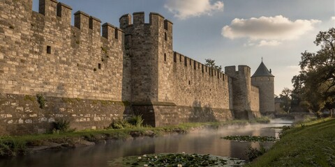 Obraz premium A medieval stone fortress wall with crenellated towers and a round tower features a conical roof, situated along a moat in Ukraine's Khotyn Fortress.