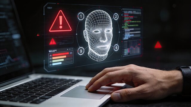 Futuristic AI face scan warning alert on digital screen, cybersecurity threat detection system concept with red triangle signs and data analysis interface in dark tech background