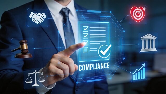 Businessman interacting with holographic compliance checklist interface, legal regulation adherence concept featuring gavel scales justice handshake bank icons for corporate