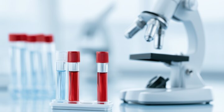 Clinical virology workstation with hantavirus testing equipment, blood sample tubes, microscope, clean sterile laboratory setup, stock photography aesthetic