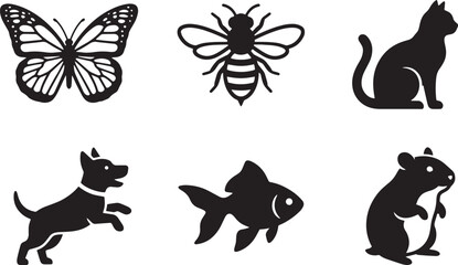 Obraz premium Collection of black animal silhouette icons featuring domestic pets and insects for creative projects