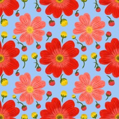 Beautiful seamless floral pattern featuring blooming red and pink flowers surrounded by delicate yellow and red flower buds on a clean solid blue background © Jessica