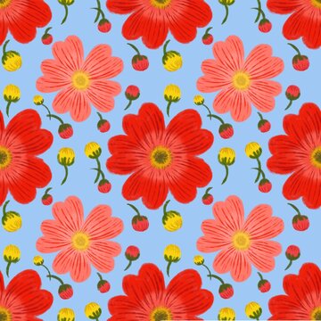 Beautiful seamless floral pattern featuring blooming red and pink flowers surrounded by delicate yellow and red flower buds on a clean solid blue background