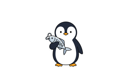 Fototapeta premium Adorable round penguin with large eyes and orange feet stands holding a small silver fish for its dinner.