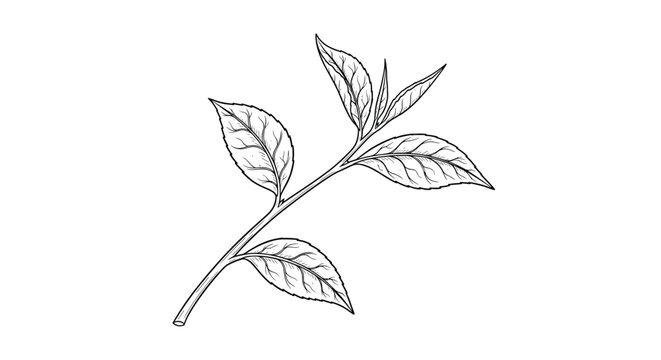 Simple black and white line drawing depicts a branch of a tea plant with several small and large leaves and a new bud.