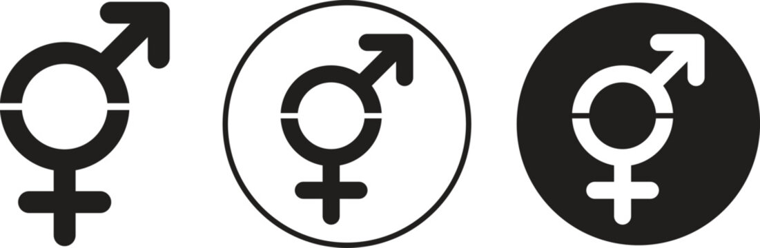 Transgender icon set combining male and female symbols with a split circle design in black flat styles. Vectors element for pride events, identity graphics, community logos and diversity illustration.