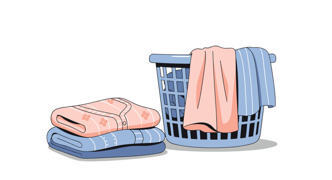 Blue plastic laundry basket filled with clothes next to a neat stack of folded shirts representing domestic chores and housework.