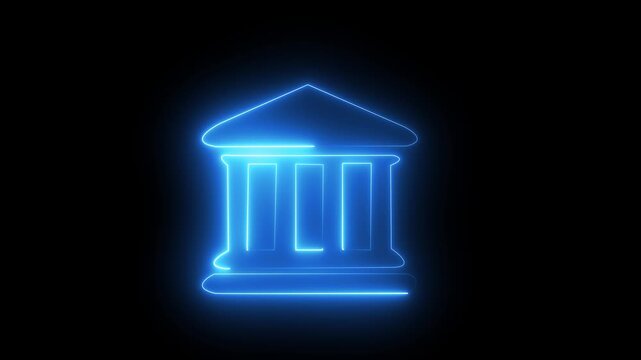 Neon glowing bank building icon animation Financial growth and dollar coin icon isolated bank icon animation on background.... 4k video.