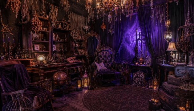Mystical Gothic Occult Study with Arcane Library and Enchanted Purple Ambience