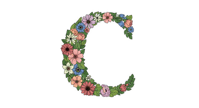 Elegant capital letter C decorated with a variety of colorful hand drawn flowers and green leaves for alphabet design.