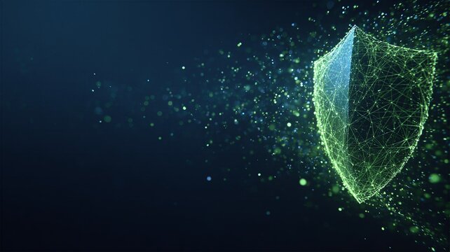 Glowing green wireframe cyber security shield dissolving into data particles for network protection