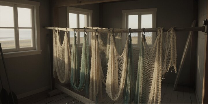 Weathered fishing nets hang from a wooden beam in a rustic coastal cabin's interior, evoking nostalgia and quiet industry.