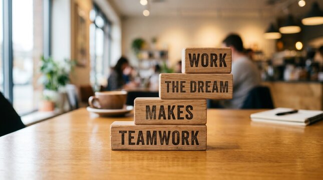 Wooden blocks spelling out 'teamwork makes the dream work' on a table