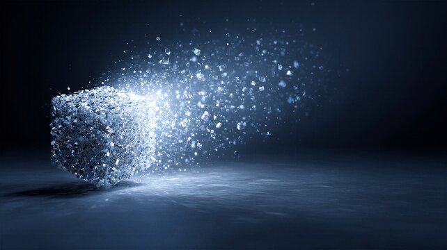 Exploding glowing cyber cube casting light rays and fragmenting into tiny pieces on dark background