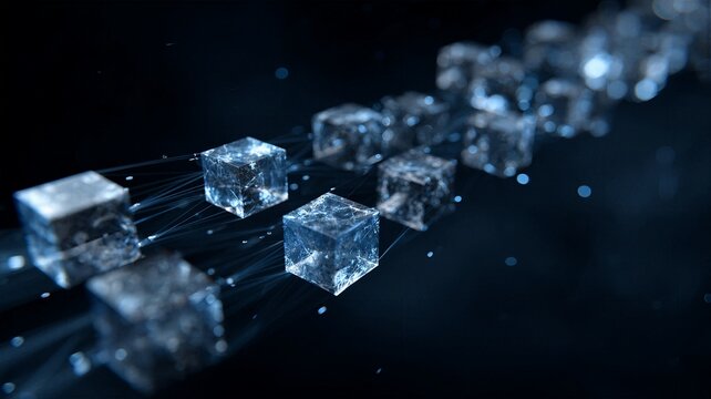Connected transparent glass cubes with network lines on dark blue background for supply chain themes
