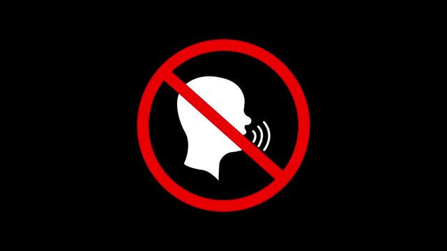 No Talking Allowed Signs. Silhouette of a Person with Sound Waves in a Red Circle with a Diagonal Line. A prohibition sign displays a silhouette of a person with a no talking symbol.4k video animation