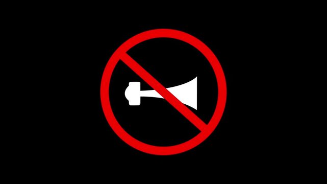 Animation of No Horn Sign. No horn. Horn prohibited. Don't honk. trumpet. Don't be noisy sign. Loudspeaker ban. don't honk icon, a silhouette of a trumpet with a crossed out red circle. 4k video