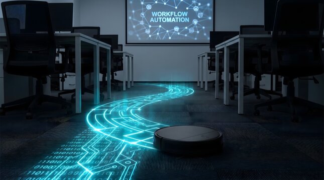 Robot vacuum cleaning a path of glowing blue digital binary code lines on the floor of an empty office classroom, representing workflow automation