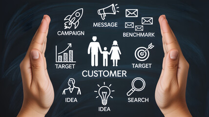 Obraz premium A person presenting a marketing strategy with icons on a blackboard