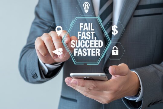 Businessman interacting with fail fast succeed faster holographic business concept