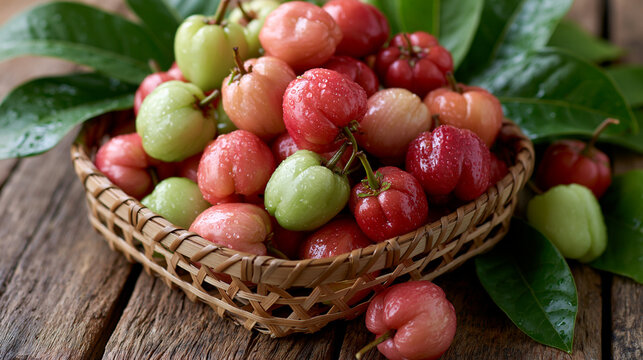 Basket of Fresh Wax Apples on Rustic Wooden Table with Tropical Green Leaves